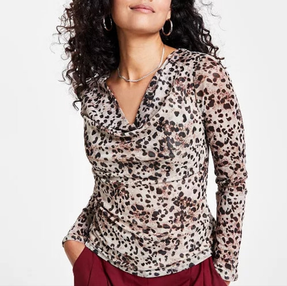 Bar III Petite XL Leopard Print Mesh Top Cowl Neck Long Sleeve Sheer Stretch Blo